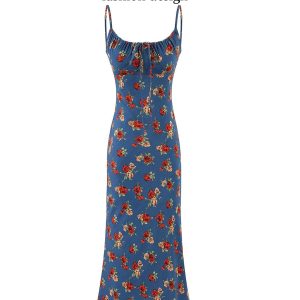 Vintage French Blue Printed Cami Dress for Women - 2025 Summer Resort Long Dress - Boho Style, Casual, Elegant Fashion