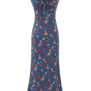 Vintage French Blue Printed Cami Dress for Women - 2025 Summer Resort Long Dress - Boho Style, Casual, Elegant Fashion