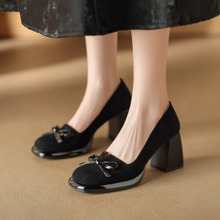 Vintage French Bow Round Toe Chunky Heel Slip-On Shoes - Italian Inspired Design for a Chic, Stylish Look