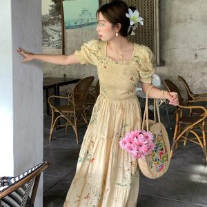 Vintage French Floral Square Neck Big Hem Dress for Women - Summer Loose Princess Sleeve Long Dress - 90s Y2K Style