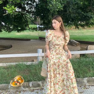 Vintage French Floral Square Neck Big Hem Dress for Women - Summer Loose Princess Sleeve Long Dress - 90s Y2K Style