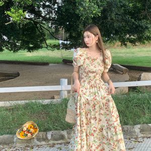Vintage French Floral Square Neck Big Hem Dress for Women - Summer Loose Princess Sleeve Long Dress - 90s Y2K Style