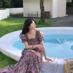 Vintage French Floral Square Neck Big Hem Dress for Women - Summer Loose Princess Sleeve Long Dress - 90s Y2K Style