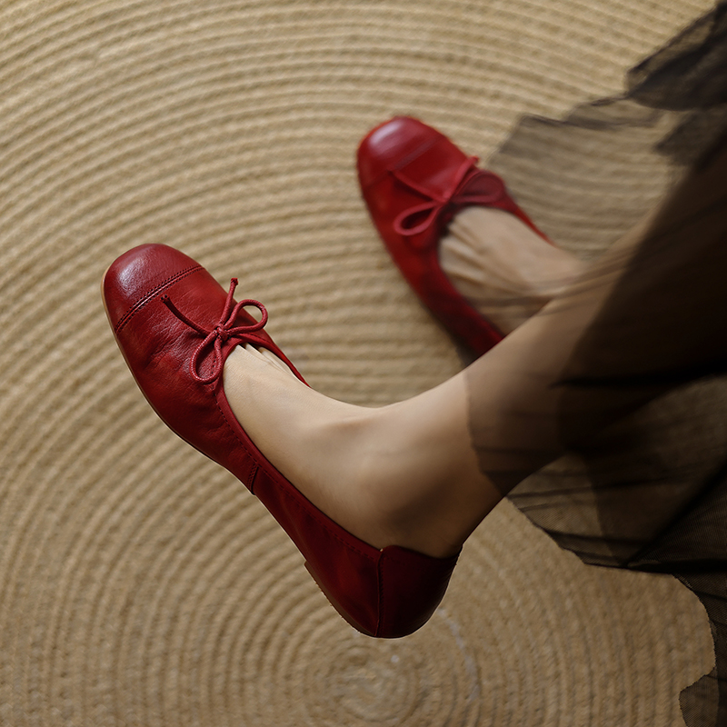 Vintage French Genuine Leather Bow Flat Ballet Shoes for Women - Soft Comfort Grandma Style for Spring and Summer