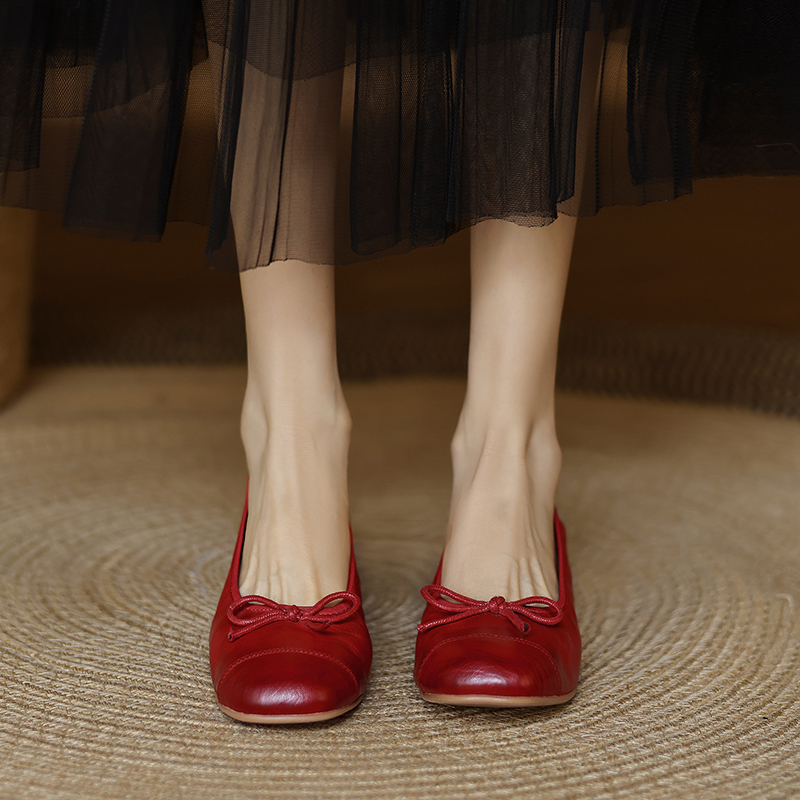 Vintage French Genuine Leather Bow Flat Ballet Shoes for Women - Soft Comfort Grandma Style for Spring and Summer