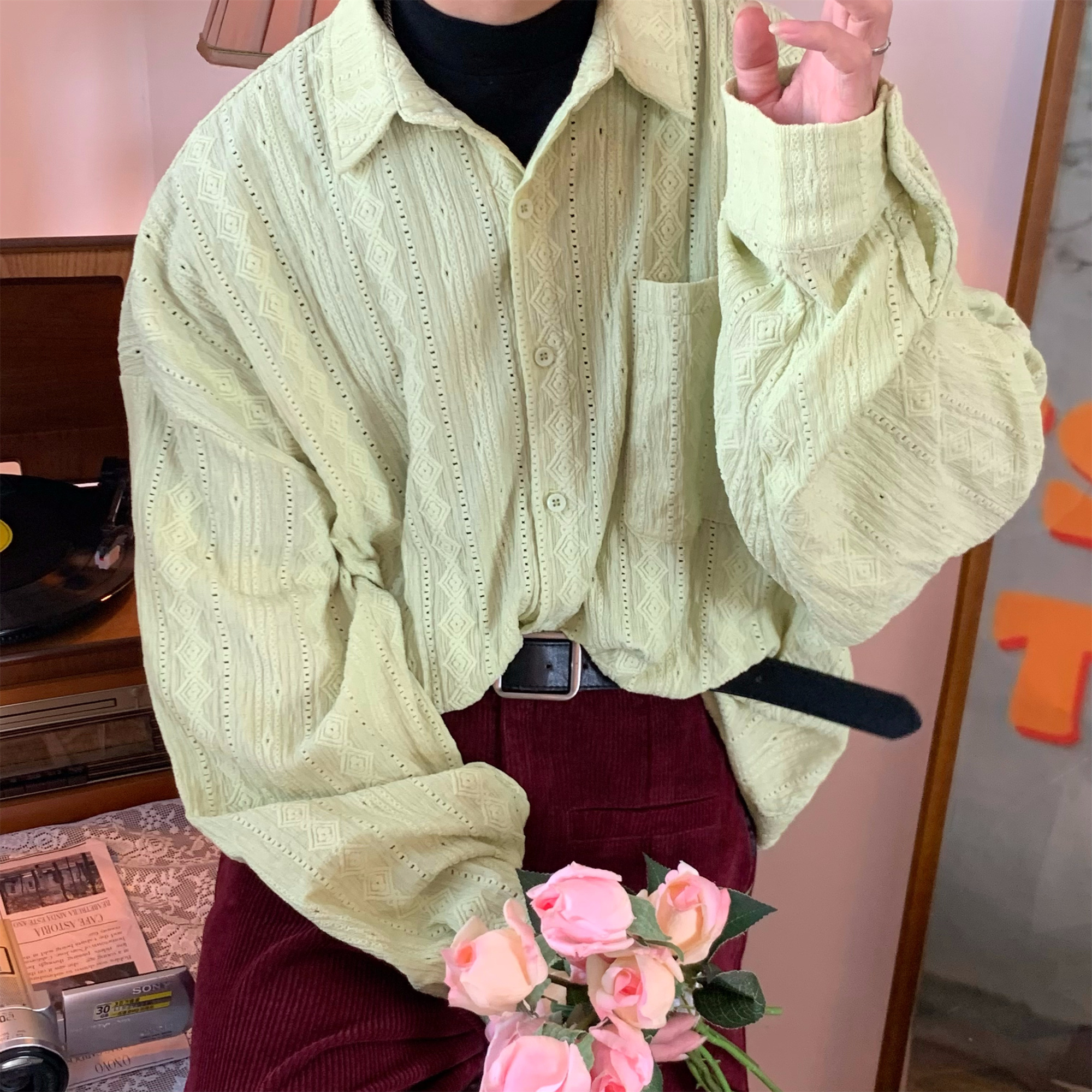 Vintage French Hollowed Long Sleeve Shirt - Handmade Autumn Loose Fit Top with Trendy Niche Design