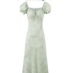 Vintage French Jacquard Square Neck Asymmetrical Long Dress for Women - Elegant Summer Fashion 2025