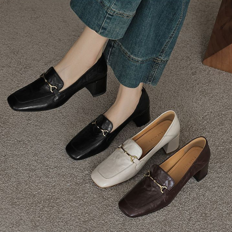 Vintage French Metal Buckle Loafers for Women - Versatile Square-Toe Chunky Heel Shoes