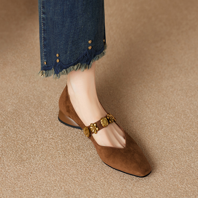 Vintage French Square Toe Mary Jane Shoes for Women - Genuine Leather Low Chunky Heel Flats for Commuting