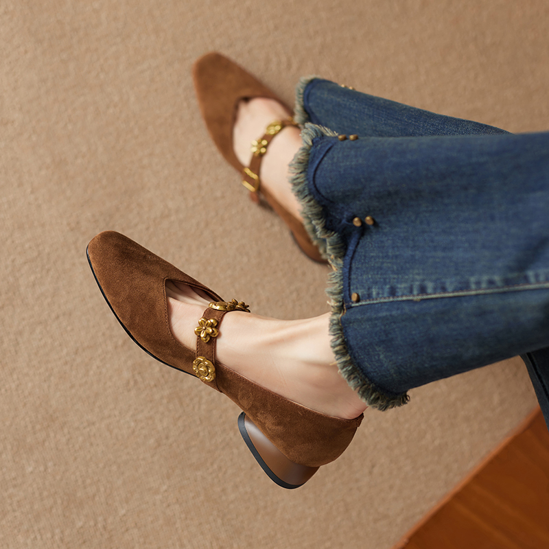 Vintage French Square Toe Mary Jane Shoes for Women - Genuine Leather Low Chunky Heel Flats for Commuting