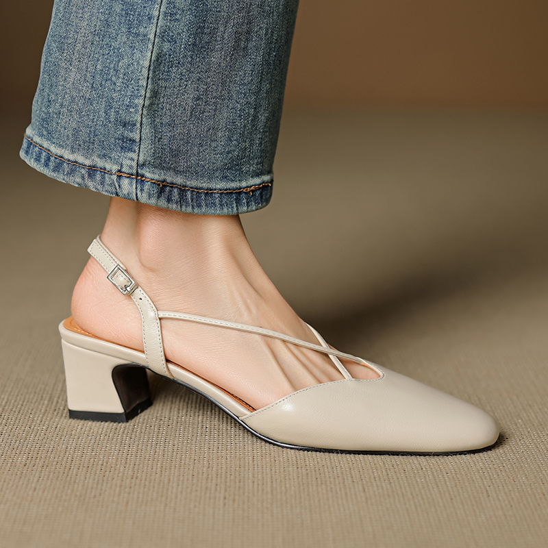Vintage French Style Genuine Leather Mid-Heel Sandals for Women - Sweet Cross Strap Design, Slimming Fashion Footwear