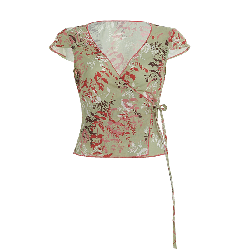 Vintage French Style Lace-Up Short Sleeve Top for Women - Dappled Branch Shadows Low V-Neck Waist-Defined T-Shirt - Summer Fashion