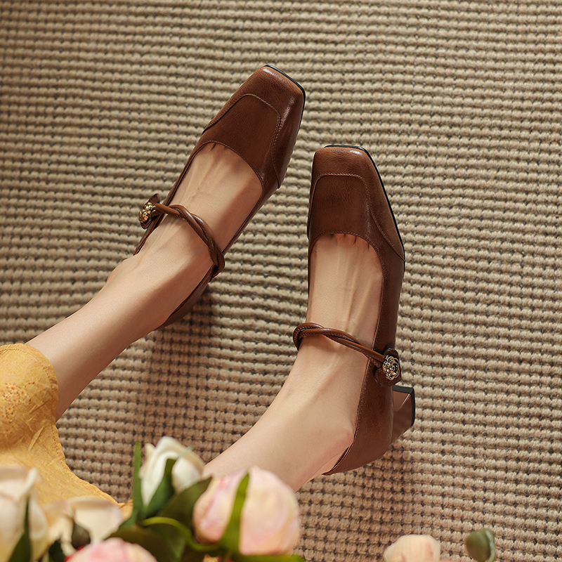 Vintage French Style Leather Mary Jane Flats for Women - Square Toe, Shallow Mouth, Medium Heel - Summer Commuting Shoes