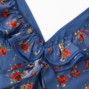 Vintage French-Style V-Neck Floral Dress for Women - Age-Reducing Blue Summer Dress, 2025 Collection