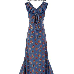 Vintage French-Style V-Neck Floral Dress for Women - Age-Reducing Blue Summer Dress, 2025 Collection