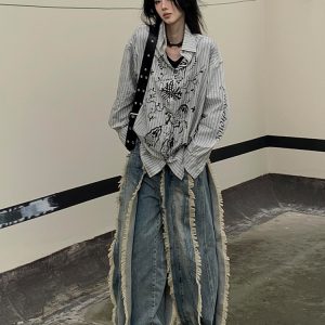 Vintage Graffiti Striped Long Sleeve Shirt Jacket for Women - Loose Punk Style Top, Y2K Fashion for Spring and Summer