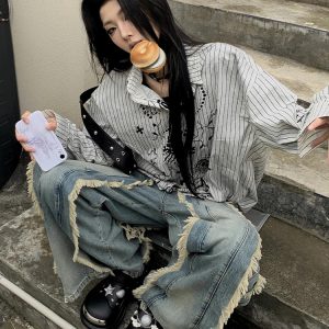 Vintage Graffiti Striped Long Sleeve Shirt Jacket for Women - Loose Punk Style Top, Y2K Fashion for Spring and Summer