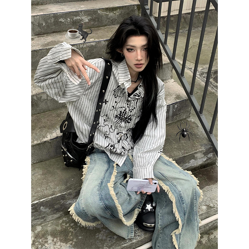 Vintage Graffiti Striped Long Sleeve Shirt Jacket for Women - Loose Punk Style Top, Y2K Fashion for Spring and Summer