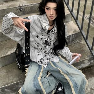 Vintage Graffiti Striped Long Sleeve Shirt Jacket for Women - Loose Punk Style Top, Y2K Fashion for Spring and Summer