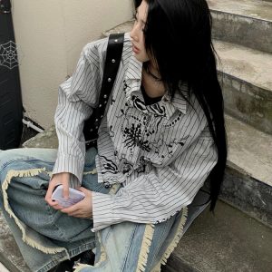 Vintage Graffiti Striped Long Sleeve Shirt Jacket for Women - Loose Punk Style Top, Y2K Fashion for Spring and Summer