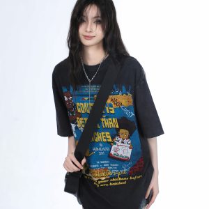 Vintage Gray Heavy-Duty Short Sleeve T-Shirt for Women – Loose Fit American High Street Summer Top Trend