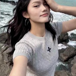 Vintage Gray Knitted T-Shirt for Women, Summer Short Sleeve Cropped Sweater, Slim Fit, Flattering Style for Trendy Girls