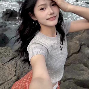 Vintage Gray Knitted T-Shirt for Women, Summer Short Sleeve Cropped Sweater, Slim Fit, Flattering Style for Trendy Girls