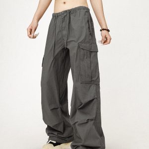 Vintage Gray Loose Fit Paratrooper Work Pants for Men and Women | Casual Floor-Length Niche Style Trousers