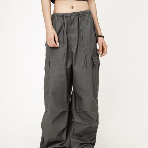 Vintage Gray Loose Fit Paratrooper Work Pants for Men and Women | Casual Floor-Length Niche Style Trousers
