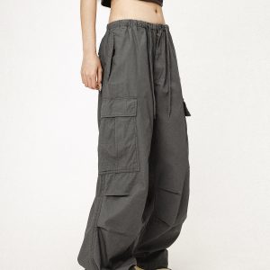 Vintage Gray Loose Fit Paratrooper Work Pants for Men and Women | Casual Floor-Length Niche Style Trousers
