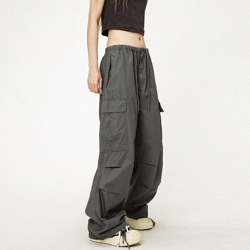 Vintage Gray Loose Fit Paratrooper Work Pants for Men and Women | Casual Floor-Length Niche Style Trousers