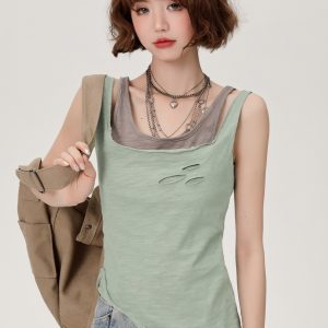 Vintage Green Fake Two-Piece Cami Top for Women - Summer Hot Girl Style, Ripped Design, Trendy Niche Fashion