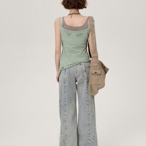 Vintage Green Fake Two-Piece Cami Top for Women - Summer Hot Girl Style, Ripped Design, Trendy Niche Fashion