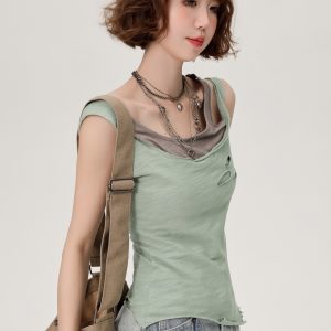 Vintage Green Fake Two-Piece Cami Top for Women - Summer Hot Girl Style, Ripped Design, Trendy Niche Fashion