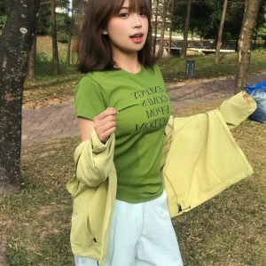 Vintage Green Letter Print Shoulder T-Shirt for Women, Slim Fit Short Sleeve Top, Trendy Summer Style
