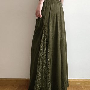 Vintage Green Wilderness Redemption Long Skirt for Women - Zipper Lace Splicing Straight Tube Half Skirt, Boho Chic Style