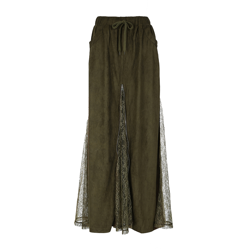 Vintage Green Wilderness Redemption Long Skirt for Women - Zipper Lace Splicing Straight Tube Half Skirt, Boho Chic Style