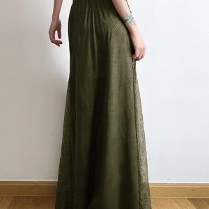 Vintage Green Wilderness Redemption Long Skirt for Women - Zipper Lace Splicing Straight Tube Half Skirt, Boho Chic Style