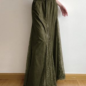 Vintage Green Wilderness Redemption Long Skirt for Women - Zipper Lace Splicing Straight Tube Half Skirt, Boho Chic Style