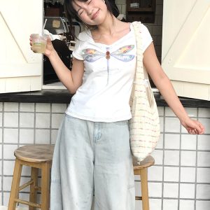 Vintage Hand-Painted Print V-Neck Cropped T-Shirt for Women - American Style Short Sleeve Slim Fit Summer Top