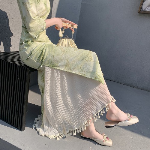 Vintage Hanfu Qipao Inner Slip Dress with Mesh Pleated Tassel Skirt, Elastic Waist, Hip-Covering Long Layer, Elegant Korean Style