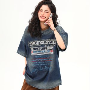 Vintage Heavyweight Washed Denim Short Sleeve T-Shirt for Women with Heavy Embroidery - Trendy Summer Style