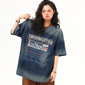 Vintage Heavyweight Washed Denim Short Sleeve T-Shirt for Women with Heavy Embroidery - Trendy Summer Style