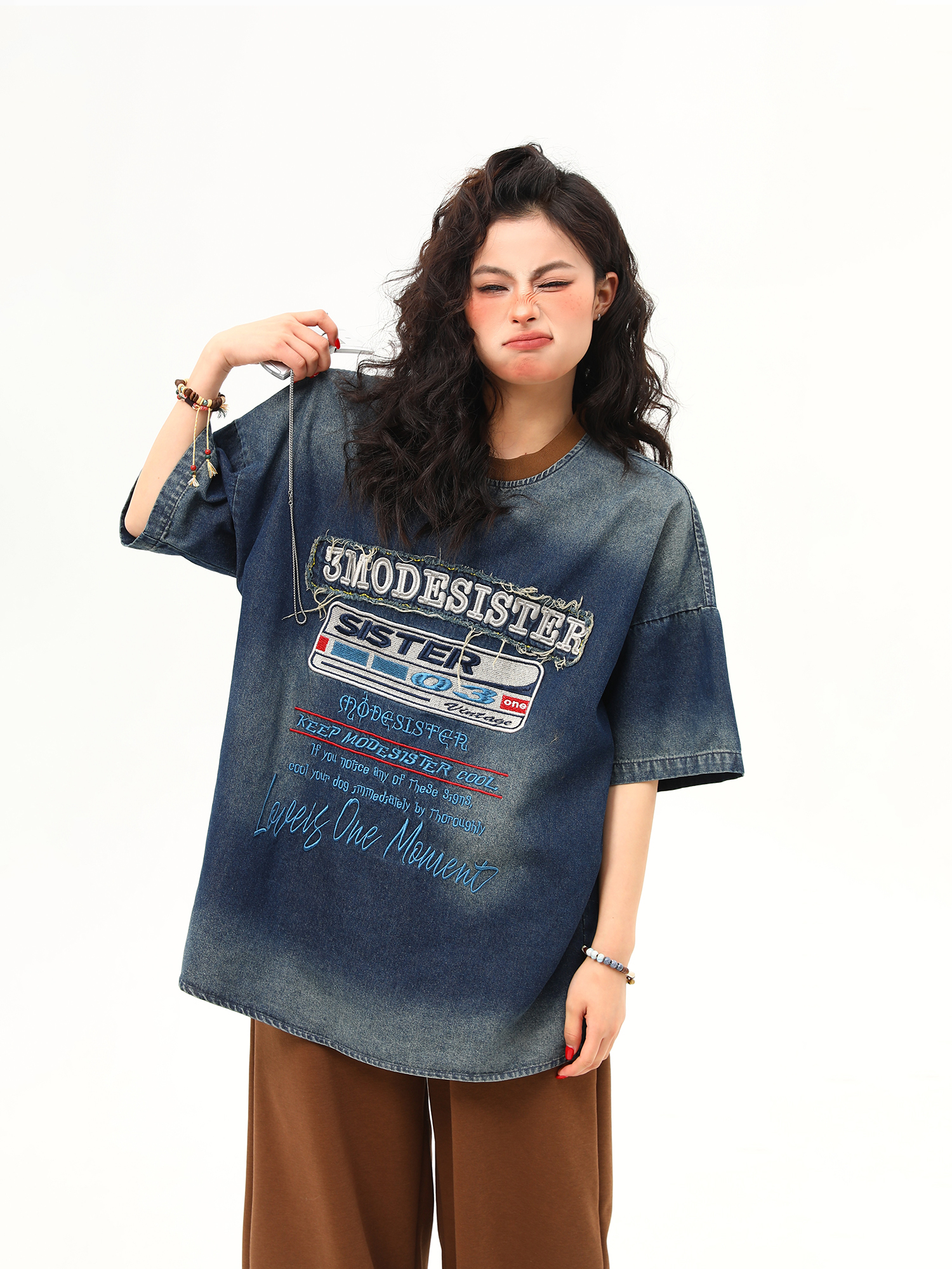 Vintage Heavyweight Washed Denim Short Sleeve T-Shirt for Women with Heavy Embroidery - Trendy Summer Style Vintage Heavyweight Washed Denim Short Sleeve T-Shirt for Women with Heavy Embroidery - Trendy Summer Style