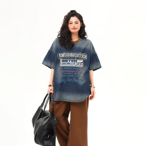 Vintage Heavyweight Washed Denim Short Sleeve T-Shirt for Women with Heavy Embroidery - Trendy Summer Style