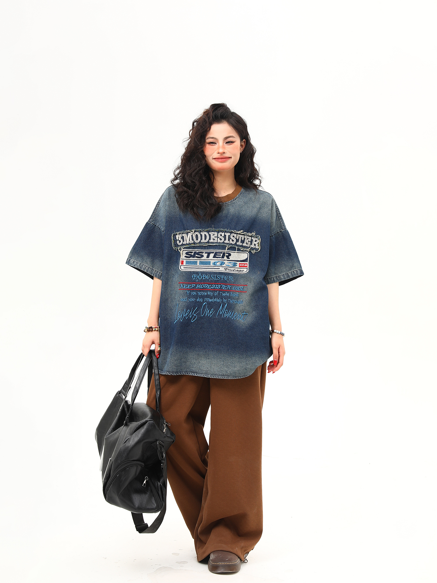 Vintage Heavyweight Washed Denim Short Sleeve T-Shirt for Women with Heavy Embroidery - Trendy Summer Style Vintage Heavyweight Washed Denim Short Sleeve T-Shirt for Women with Heavy Embroidery - Trendy Summer Style