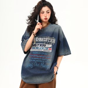 Vintage Heavyweight Washed Denim Short Sleeve T-Shirt for Women with Heavy Embroidery - Trendy Summer Style