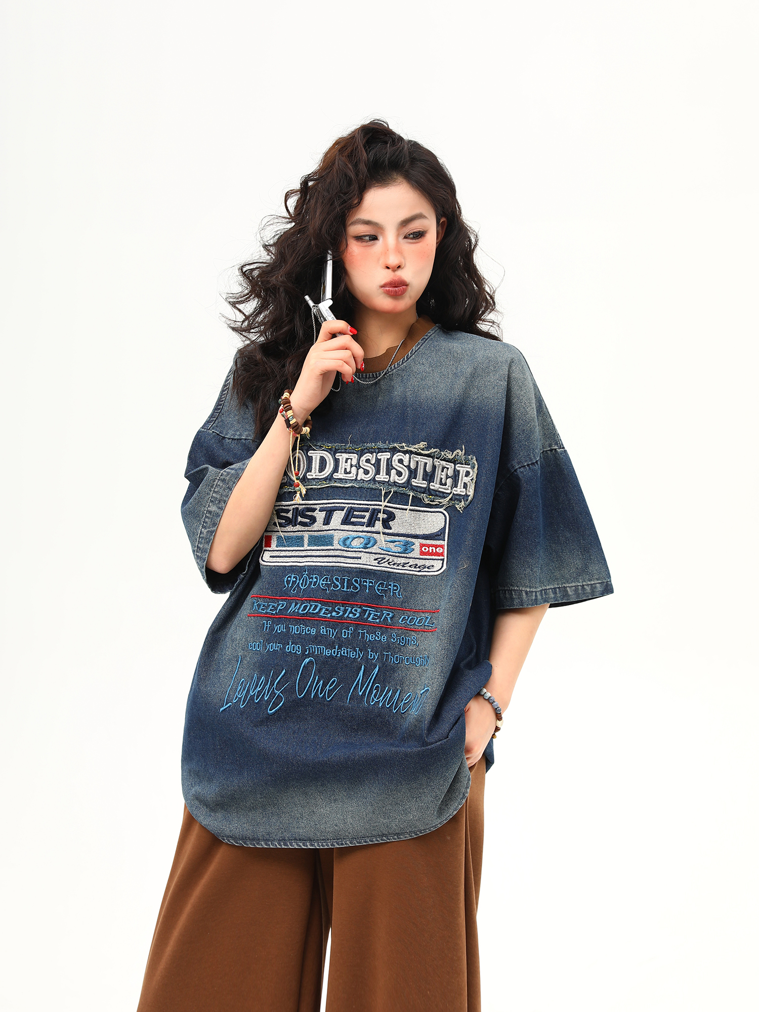 Vintage Heavyweight Washed Denim Short Sleeve T-Shirt for Women with Heavy Embroidery - Trendy Summer Style Vintage Heavyweight Washed Denim Short Sleeve T-Shirt for Women with Heavy Embroidery - Trendy Summer Style