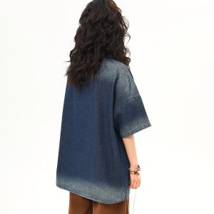 Vintage Heavyweight Washed Denim Short Sleeve T-Shirt for Women with Heavy Embroidery - Trendy Summer Style