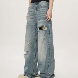 Vintage High Street Distressed Ripped Jeans for Women - Casual Wide-Leg Straight Loose Pants, Y2K Inspired Fashion